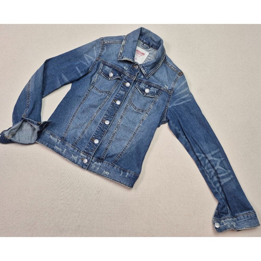 Mossimo Women's Distressed Extra Long Sleeve Button Up Blue Jean Jacket Sz S